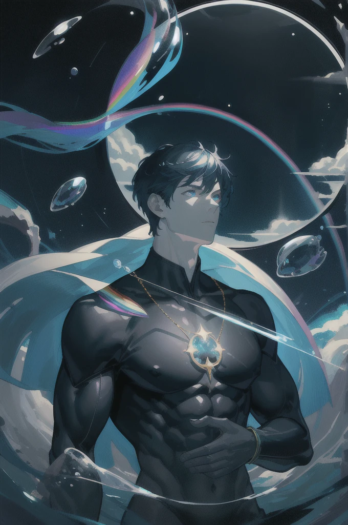 masterpiece, best quality, 1 male, adult, mature, tall muscular guy, Dark theme, Magic circle, bubble, rainbow Sunlight, Underwater, Reflected mirror, floating piece of Glass, Rainbow light, Bubble Swirling, wind Swirling, Aurora, fantasy scenery, Starlight around the character, (upper body)