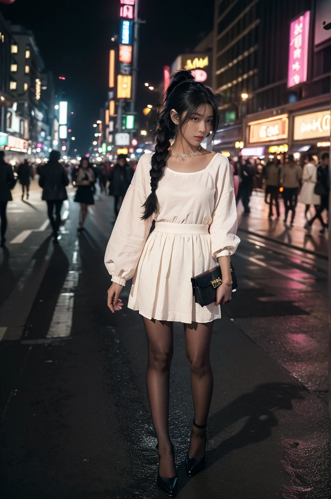 (((best quality))),(((ultra detailed))),(((masterpiece))),illustration,1girl,slim,vibrant rose-pink cotton dress,short ponytail,flat chest,pantyhose,standing, bustling city streets, honking cars,surrounded by crowded crowds, colorful advertisements,enjoying sights and sounds,(dark black skin:1.5),day scene,upper body