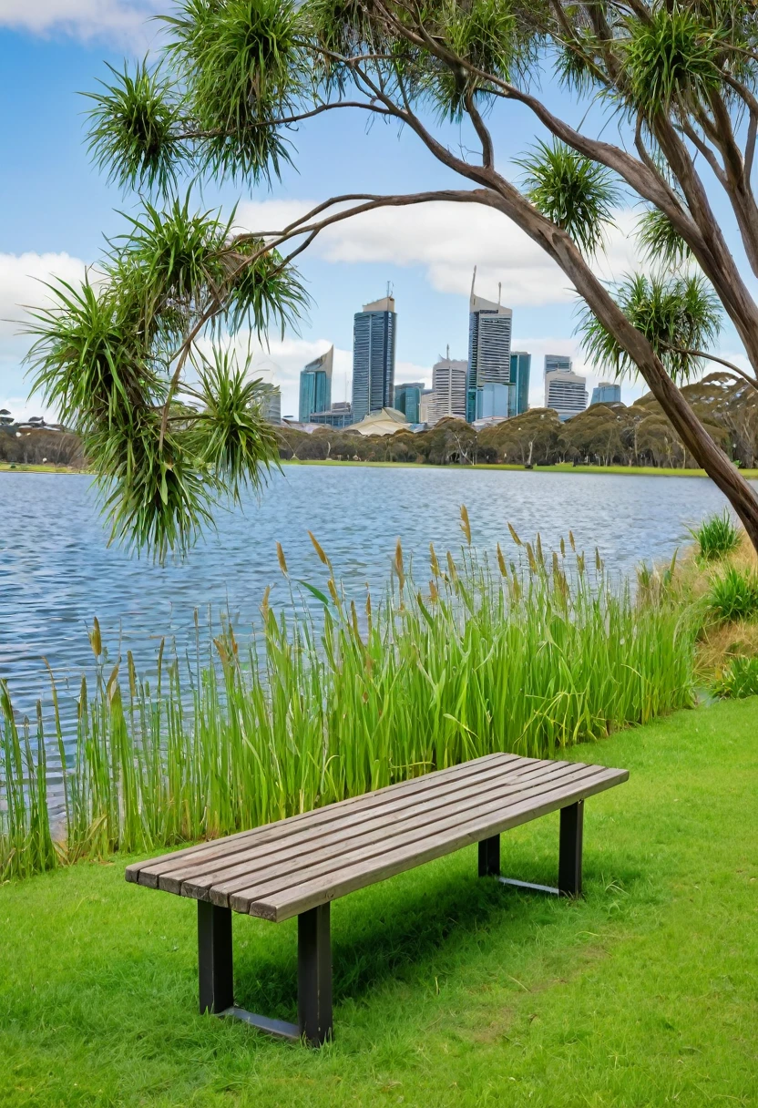 there is a bench on the grass near the water, Sydney Park, nature, growing around the city, Botanical Garden, nature возвращается в город, grass field, Surrounding the city, parks and lakes, small reeds behind the lake, near the pond, long grass in the foreground, tall reeds on the river bank, Elizabeth Durac, grass and water
