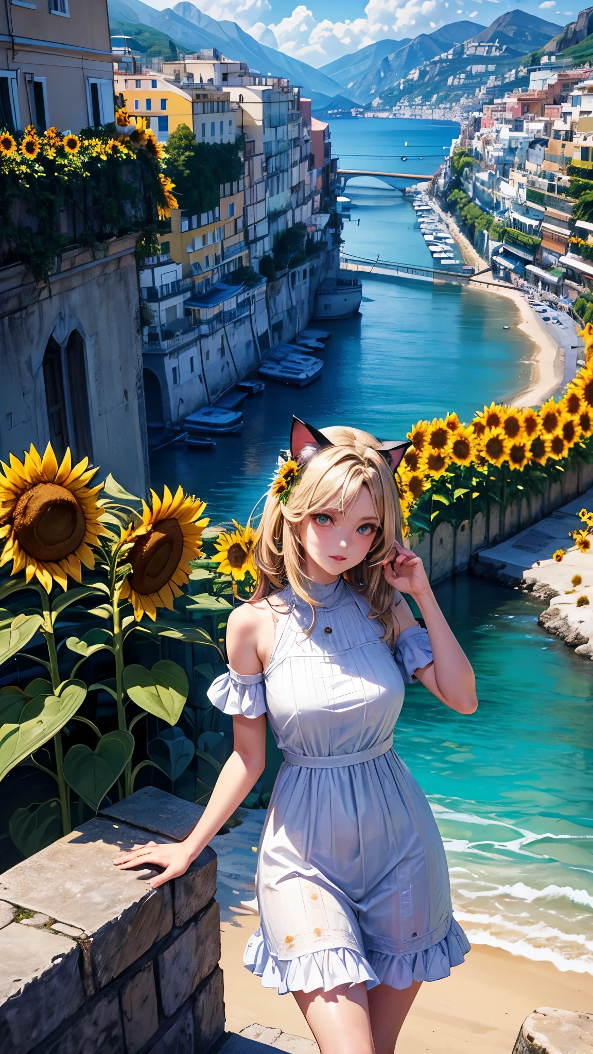 Beautiful girl walking seashore,
the stunning Amalfi Coast in Italy, with viewers enjoying the traditional Italian lemon liqueur, Limoncello, in hand as they take in the breathtaking scenery,
Capture the picturesque coastal villages along the Amalfi Coast, such as Positano, Amalfi, and Ravello, with their colorful buildings cascading down the cliffs towards the azure Mediterranean Sea,
Focus on the rugged coastline, with images of dramatic cliffs, hidden coves, and crystal-clear waters that create a paradise-like setting for relaxation and exploration,(sunflower:1.3),
(Cat ears:1.3), (Cow pattern dress:1.2),