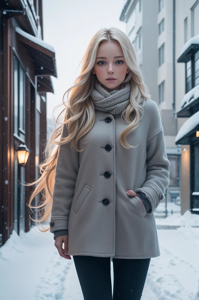 professional photography of a beautiful norwegian girl in winter clothes with long wavy blonde hair, sensual and seductive look, beautiful symmetrical face, beautiful natural makeup, wearing chic warm winter fashion clothing, ((standing outside on the snowy city street)), impressive modern urban environment, ultra realistic, conceptual artwork, chic, highy detailed, intricate, sharp focus, Depth of field, f/1. 8, 85 mm, medium shot, mid shot, (((professional color grading))), soft and bright diffused light, (Volumetric fog), Trends on Instagram, HD 4k, 8K