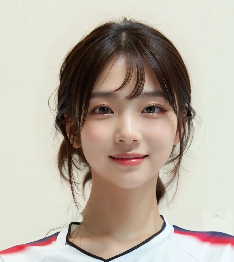 (In reality, high resolution:1.3, masterpiece, 8K, best quality, studio shoot, photo realistic:1.4, photography), korean girl looking at camera,smile,((Dark Brown Hair)), Detailed skin, Detailed Lips, Detailed eyes, normal hand, simple background