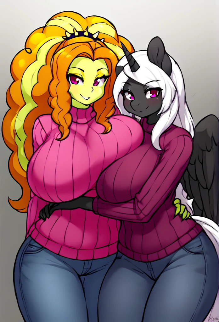  Alicorn princess female and Adagio Dazzle  , white mane, ,black body color  long flowing  mane pink  eyes anthro huge breasts  , jeans,sweater
lesbians   ,perfect body shape hugging from behing looking at viewer ,smiling at camera