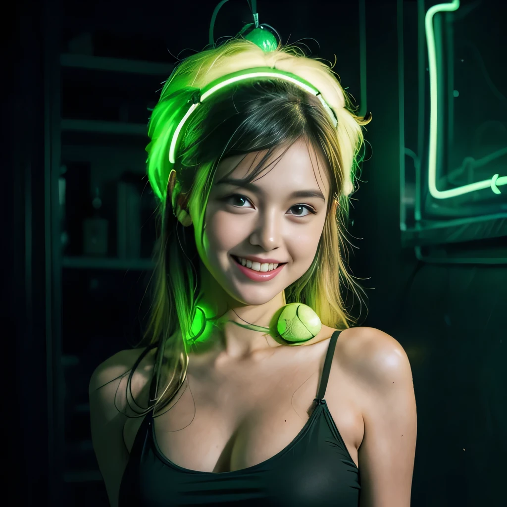 raw photo , 8K, ultra detailed, (realistic:1.2), (1girl), (seductive smile:1.5), (round face), (black camisole), (sexy:1.3), BREAK (uplifting light green neon ball:1.5), (dark room:1.5)