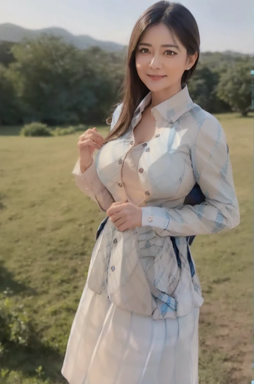 marian rivera,((White collar shirt、Light blue plaid pleated skirt:1.4)、foot, enchanting smile, closed clothes, polite attire, The face of beauty , Because I'm slender , abs:1.4, 30 years old, ((1 girl, alone)), ((full body)), ((:1.3)),  A. to, (K, Raw photo, highest quality, Masterpiece 11.4), (realistic, photo-realistic:1.37), (micro:1.4),  , ((diamond necKlace)), earrings, glamorous, white sKin, ((in a luxurious hall), looK at viewers, thick brunette hair, long hair, (lit), dynamic pose, (), ((beautiful eyes), , HDR, very detailed, ambient occlusion, nature, harmonious composition, fine art photography, beauty , excellent ,  detail