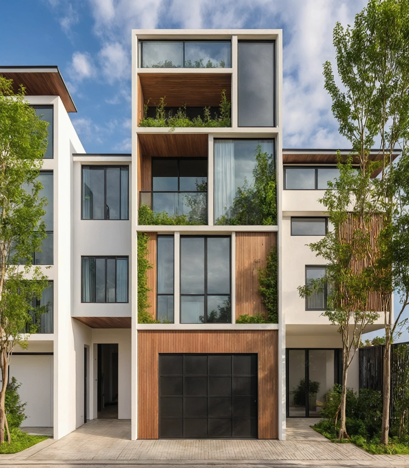 Masterpiece, high quality, best quality, authentic, super detail, outdoors, house style modern, bietthuhn, white wall, glass windows, gate road, pavement, grass, trees, Beautiful_sky, SUNSET, (day:1.1), realistic lighting