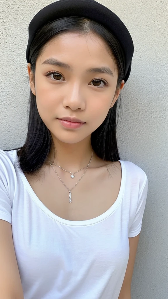 (Please generate an image of a young Filipina woman wearing a plain white t shirt a necklace and a white trucker cap. She has black hair, big black eyes, and a subtle, natural makeup look. The selfie should show her without visible makeup, and she should be looking directly into the camera. The face should appear realistically natural. The full-body shot of this attractive woman should feature a striking pose, and she has piercing black eyes. The girl has a sweet demeanor, and the pose should also be sweet. Please ensure that the entire body of the woman is visible in the image. The background should be black. The details of the image should be of high quality(best quality)), ((masterpiece)), (detailed), perfect face, Filipina, pinay
