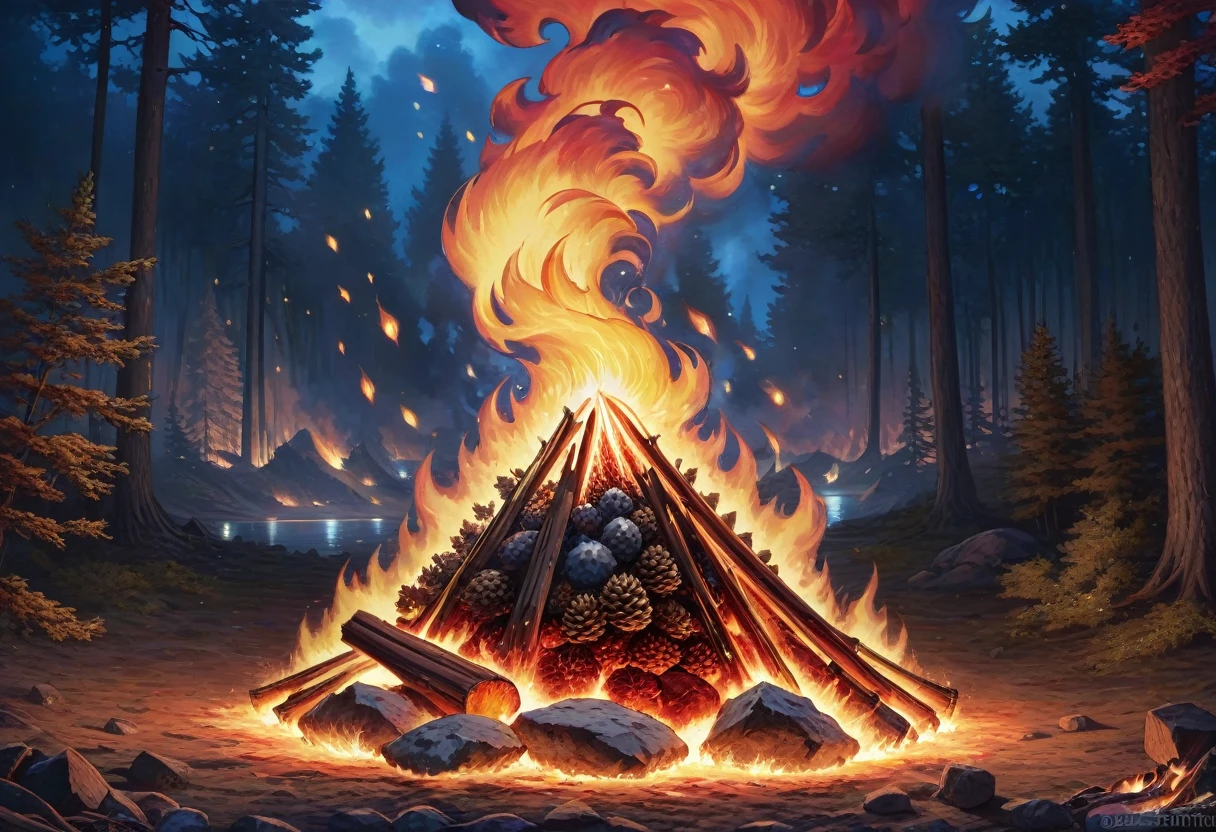 Flames danced around a pile of wood and stones, Embers floating in the air, Hellfire Background, Burning battlefield background, Embers flying, campfire background, Background artwork, Fire!! Surrealism, Fire和爆炸, Hell Background, Flame particles, Flame particles in front, Photo of underwater bonfire, flame stones are scattered, Big fire on the background,pinecone,Hazelnuts burning in flames,Red and blue flames interlaced