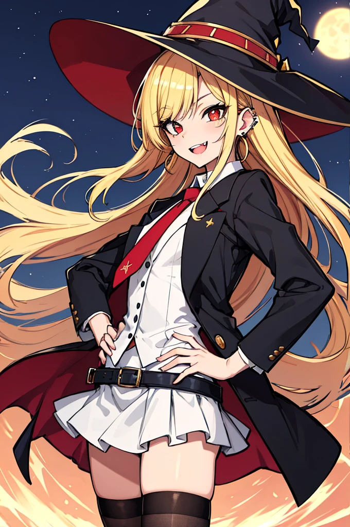 (absurdres, 8k, 4k, masterpiece, hyper extreme detailed:1.2), solo, 1girl, side view, perfect face, 1girl, portrait, looking at viewer, standing, Female, Mature Female, very long hair, 8k uhd, 1girl, slender, cowboy shot, standing, half body, front view, red tie, night sky, moon, stockings, big witch hat, witch, blonde hair, piercings, earrings, detailed eyes, expressive eyes, colorful pupils, blazer, skirt, smile, fang tooth, red eyes, earrings, hand on hip, flat chest, looking forward, front view, messy hair, wind, windy, moving hair, moving clothes, swept bangs, mature body, gyaru, crazy face, crazy eyes, crazy smile,