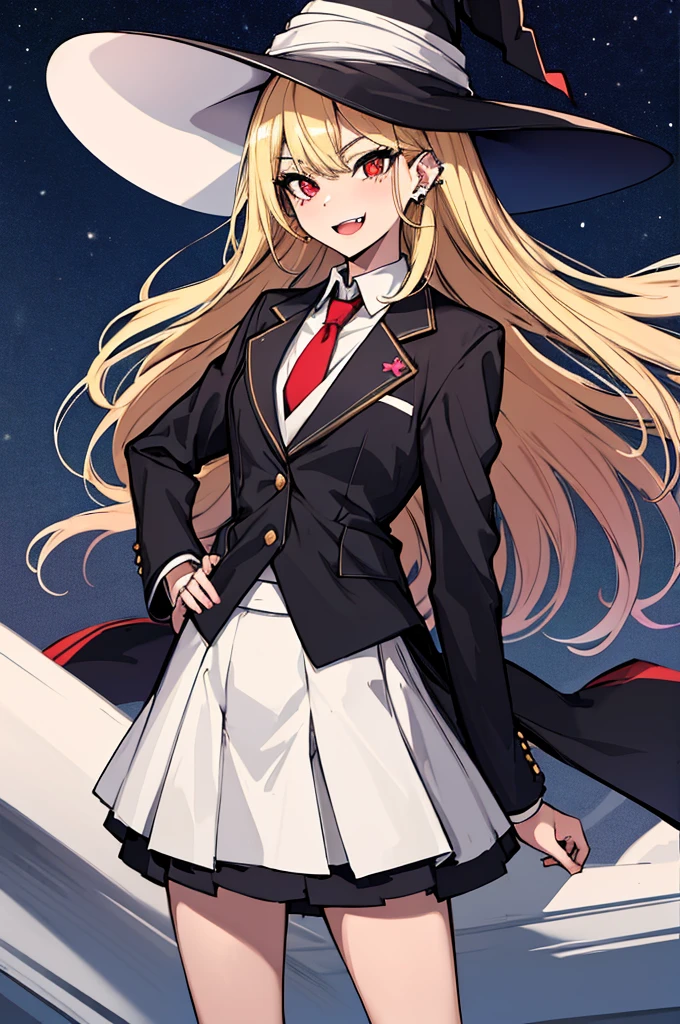 (absurdres, 8k, 4k, masterpiece, hyper extreme detailed:1.2), solo, 1girl, side view, perfect face, 1girl, portrait, looking at viewer, standing, Female, Mature Female, very long hair, 8k uhd, 1girl, slender, cowboy shot, standing, half body, front view, red tie, night sky, moon, stockings, big witch hat, witch, blonde hair, piercings, earrings, detailed eyes, expressive eyes, colorful pupils, blazer, skirt, smile, fang tooth, red eyes, earrings, hand on hip, flat chest, looking forward, front view, messy hair, wind, windy, moving hair, moving clothes, swept bangs, mature body, gyaru, crazy face, crazy eyes, crazy smile,