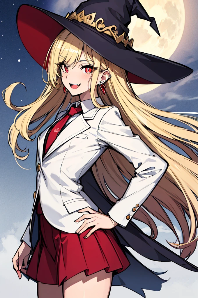 (absurdres, 8k, 4k, masterpiece, hyper extreme detailed:1.2), solo, 1girl, side view, perfect face, 1girl, portrait, looking at viewer, standing, Female, Mature Female, very long hair, 8k uhd, 1girl, slender, cowboy shot, standing, half body, front view, red tie, night sky, moon, stockings, big witch hat, witch, blonde hair, piercings, earrings, detailed eyes, expressive eyes, colorful pupils, blazer, skirt, smile, fang tooth, red eyes, earrings, hand on hip, flat chest, looking forward, front view, messy hair, wind, windy, moving hair, moving clothes, swept bangs, mature body, gyaru, crazy face, crazy eyes, crazy smile,