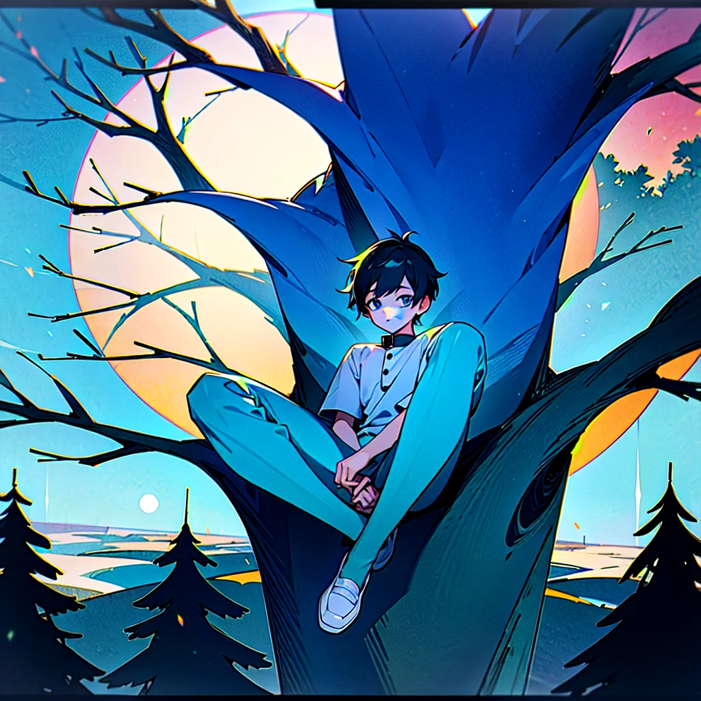 A VERY BIG VILLAGE IN FULL OF NATURE A BOY SITTING AND SAW THE FULL MOON WITH SO MANY TREES in night