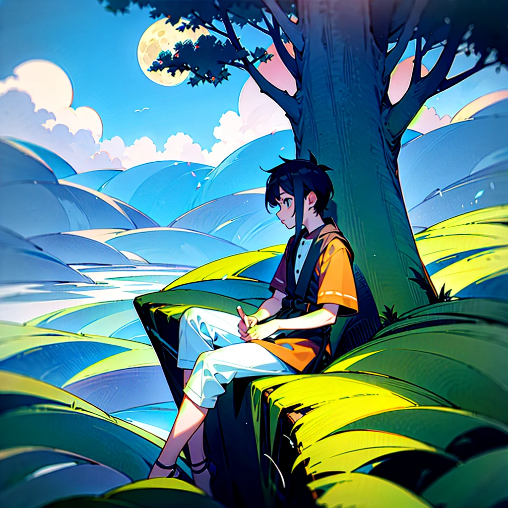 A VERY BIG VILLAGE IN FULL OF NATURE A BOY SITTING AND SAW THE FULL MOON WITH SO MANY TREES in night 
