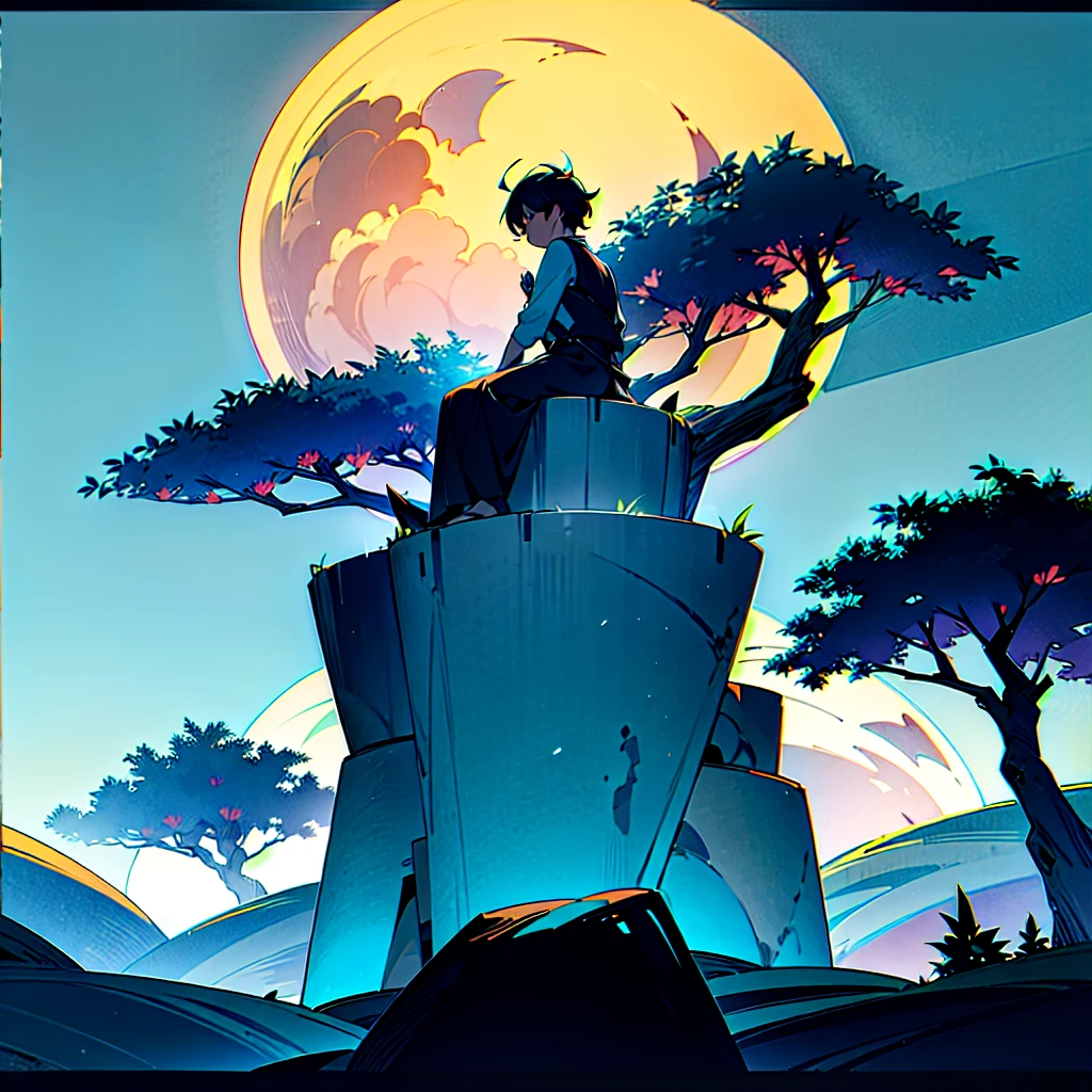 A VERY BIG VILLAGE IN FULL OF NATURE A BOY SITTING AND SAW THE FULL MOON WITH SO MANY TREES in night