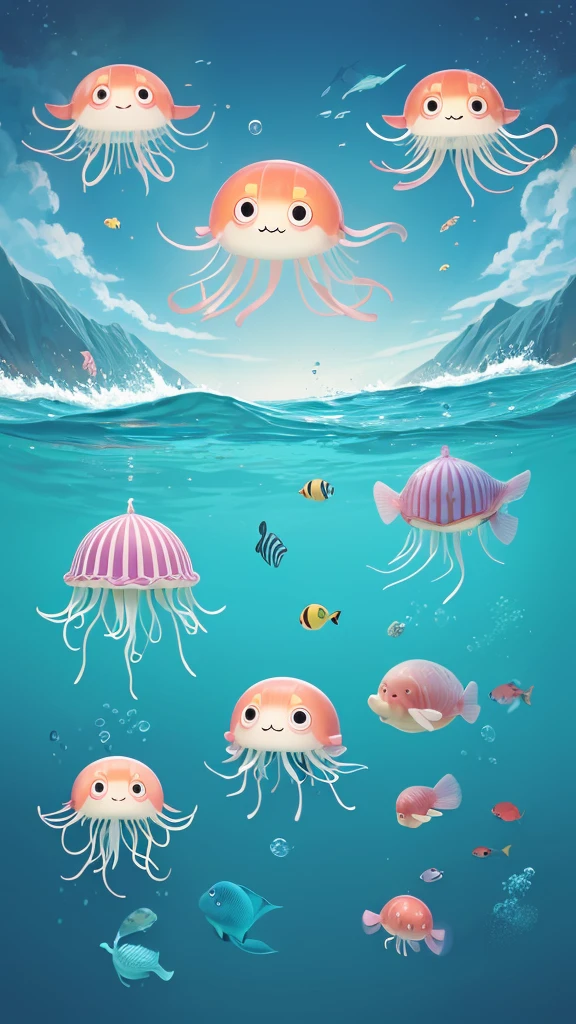 Create an original "yuru-chara" mascot character inspired by sea creatures. The character should be a small, round jellyfish with translucent, pastel-colored tentacles. It has big, expressive eyes and a cute, puckered mouth. The jellyfish wears a tiny sailor hat, giving it a playful and adventurous look. The character's overall appearance is cute and friendly, making it perfect for an aquarium or marine-themed park mascot. The background should be a simple, underwater scene.