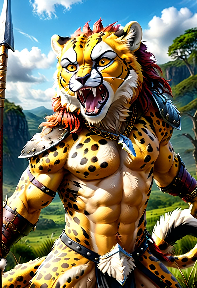 a close up portrait of male  (cheetah anthomorph: 1.5) as barbarian warrior, muscled  (cheetah anthomorph: 1.5), wearing leather armor, bare chested, necklace of fangs, armed with a spear, deep feline eyes, intent gaze, roaring with mouth full of fangs, wild savannah background, sense of awe, sense of fear, wildness in its might and glory, best details, best quality, highres, ultra wide angle, 16k, [ultra detailed], masterpiece, best quality, (extremely detailed), photorealistic, Cinematic Hollywood Film