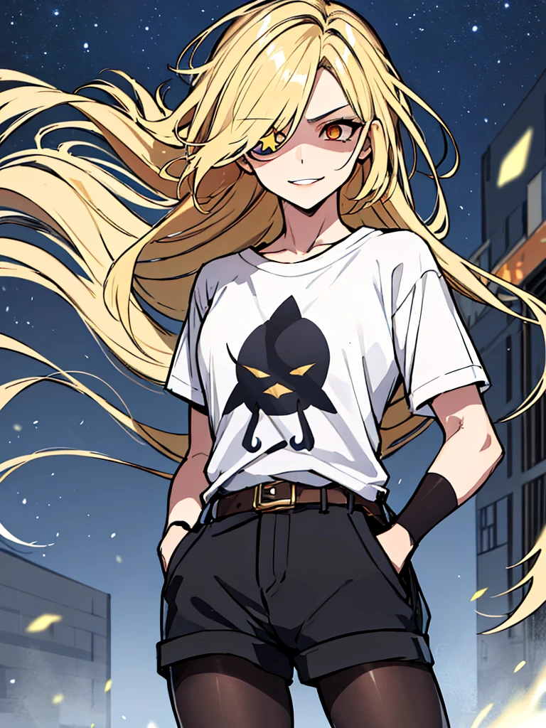 (absurdres, 8k, 4k, masterpiece, hyper extreme detailed:1.2), (masterpiece), best quality, expressive eyes, highres, perfect eyes, 1girl, perfect face, perfect hands, standing, belt, 1girl, blonde hair, eyepatch, perfect ???????, eyepatch, long hair, platinum blonde hair, muscular, toned body, strong, empty eyes, blank stare, crazy face, crazy eyes, crazy smile, gloves, graphic t- shirt, small, golden eyes, deadpan, expressionless, shaded face, messy hair, crazy hair, city background, heroic, half body, cowboy shot, night time, stars, night sky, hand on head, hands in pockets, wind, windy, pantyhose, covered abdomen