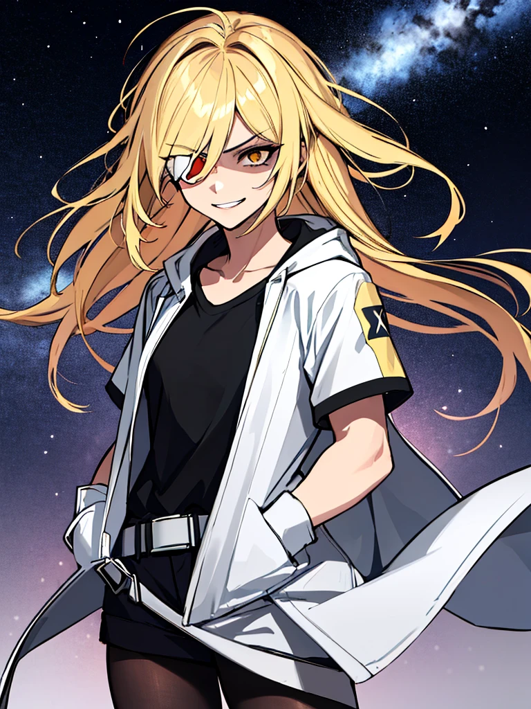 (absurdres, 8k, 4k, masterpiece, hyper extreme detailed:1.2), (masterpiece), best quality, expressive eyes, highres, perfect eyes, 1girl, perfect face, perfect hands, standing, belt, 1girl, blonde hair, eyepatch, perfect anatomy, eyepatch, long hair, platinum blonde hair, muscular, toned body, strong, empty eyes, blank stare, crazy face, crazy eyes, crazy smile, gloves, graphic t- shirt, small, golden eyes, deadpan, expressionless, shaded face, messy hair, crazy hair, city background, heroic, half body, cowboy shot, night time, stars, night sky, hand on head, hands in pockets, wind, windy, pantyhose, covered abdomen