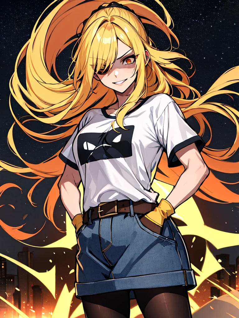 (absurdres, 8k, 4k, masterpiece, hyper extreme detailed:1.2), (masterpiece), best quality, expressive eyes, highres, perfect eyes, 1girl, perfect face, perfect hands, standing, belt, 1girl, blonde hair, eyepatch, perfect ???????, eyepatch, long hair, platinum blonde hair, muscular, toned body, strong, empty eyes, blank stare, crazy face, crazy eyes, crazy smile, gloves, graphic t- shirt, small, golden eyes, deadpan, expressionless, shaded face, messy hair, crazy hair, city background, heroic, half body, cowboy shot, night time, stars, night sky, hand on head, hands in pockets, wind, windy, pantyhose, covered abdomen
