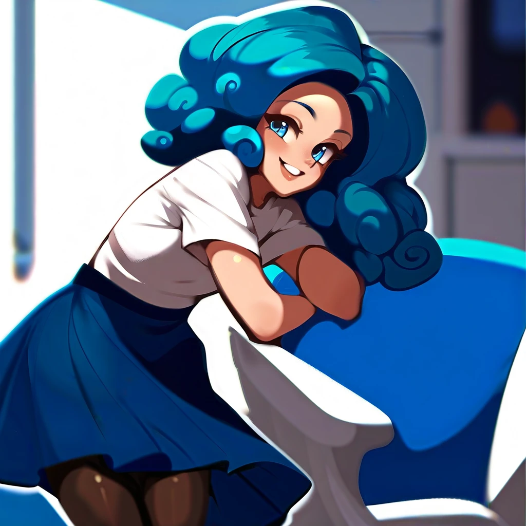 Girl, blue hair, long, curly hair, smiling, white t-shirt, blue skirt, blue eyes, pantyhose