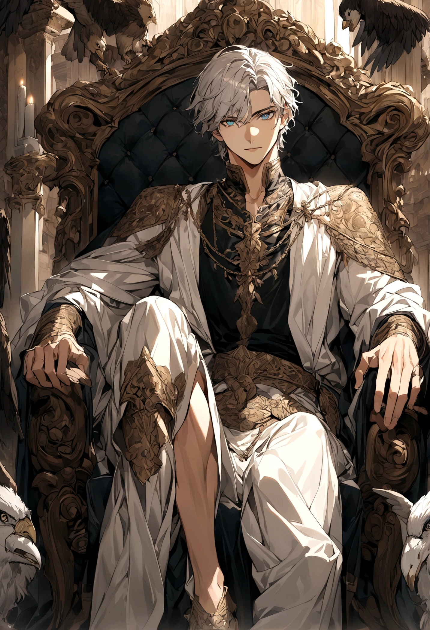 A handsome greek youth with white hair, azure eyes wearing Greek clothes sat on a throne decorated with eagles and bulls while resting one leg.
His hand is holding a thunderbolt and a lot of thunder brighting around his throne.