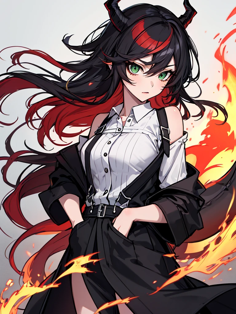 absurdres, 8k, 4k, masterpiece, hyper extreme detailed:1.2), solo, 1girl, front view, perfect face, 1girl, portrait, expressive eyes, looking at viewer, solo, green eyes, standing, mature female, , pale, long black hair, groan, casual wear, adult, looking forward, front view, black horns, confident, cautious, rational, messy hair, wind, windy, moving hair, moving clothes, swept bangs, front view, unyielding, mature body, tomboy, dragon tail, adult, black nails, wild hair, velvet crowe, scars, fatigue, Black Demonic Horns, Dragon Horns, Dragon Tail, fire, long skirt, hands in pockets, white shirt black letters, exposed shoulder, shoulder strap, suspenders, velvet crowe, velvet-outfit, red hair gradients, village background, fiery, flames, burning,
