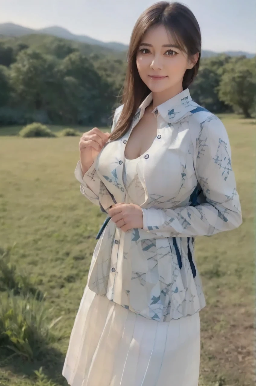 marian rivera,((White collar shirt、Light blue plaid pleated skirt:1.4)、foot, enchanting smile, closed clothes, polite attire, The face of beauty , Because I'm slender , abs:1.4, 30 years old, ((1 girl, alone)), ((full body)), ((huge breasts:1.3)), Breastfeeding A. to, (K, Raw photo, highest quality, Masterpiece 11.4), (realistic, photo-realistic:1.37), (micro:1.4), exposed , ((diamond necKlace)), earrings, glamorous, white sKin, ((in a luxurious hall), looK at viewers, thick brunette hair, long hair, (lit), dynamic pose, (), ((beautiful eyes), erotic, HDR, very detailed, ambient occlusion, nature, harmonious composition, fine art photography, beauty , excellent anatomy, exposed detail