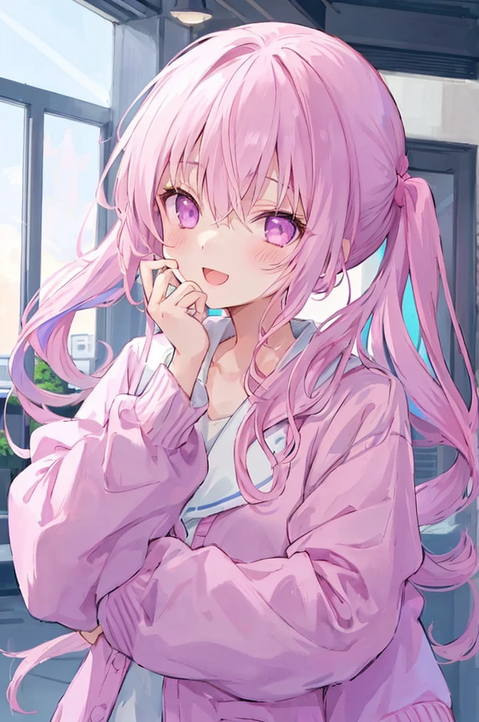 1 Girl, :D, ^ ^, (((Pink high ponytail)))、Light purple eyes and bangs, blush, Shut your mouth., Eyebrows visible through hair, Face-to-face audience, Hair between the eyes, Put your hands on your face, Please raise your hand, heart, Pastel colored hair, Long Hair, School Blazer, Long sleeve, Sleeves longer than your fingers, The sleeves reach to the wrist, alone