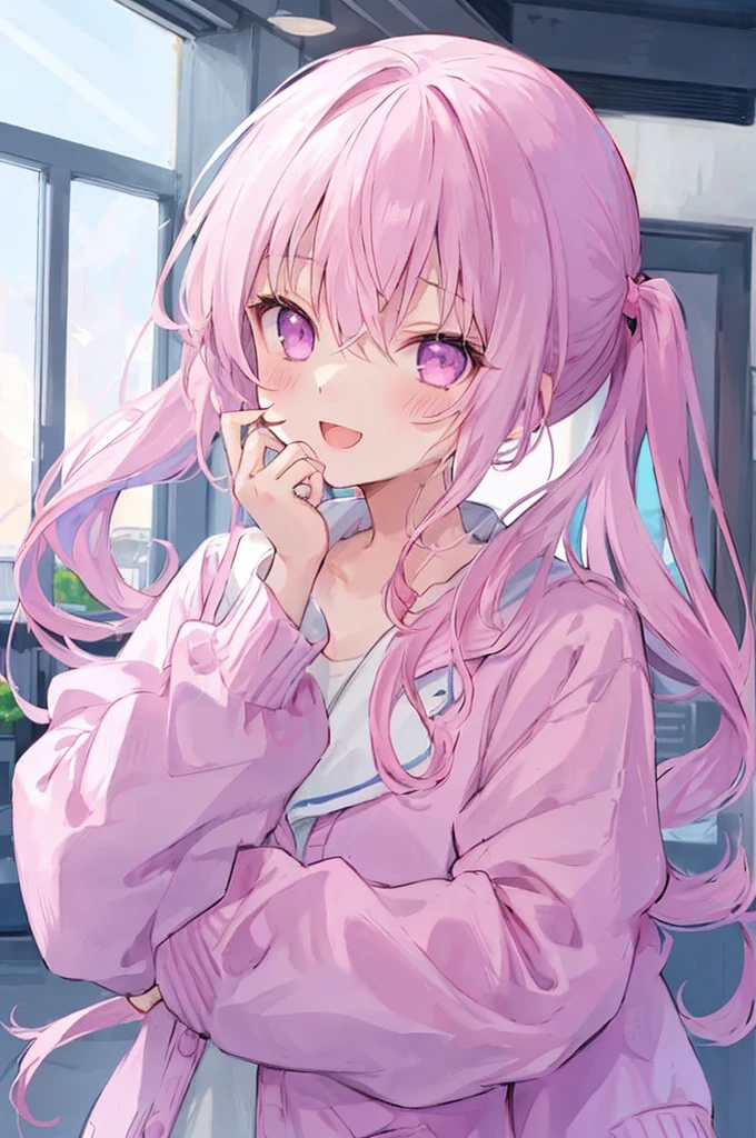 1 Girl, :D, ^ ^, (((Pink high ponytail)))、Light purple eyes and bangs, blush, Shut your mouth., Eyebrows visible through hair, Face-to-face audience, Hair between the eyes, Put your hands on your face, Please raise your hand, heart, Pastel colored hair, Long Hair, School Blazer, Long sleeve, Sleeves longer than your fingers, The sleeves reach to the wrist, alone