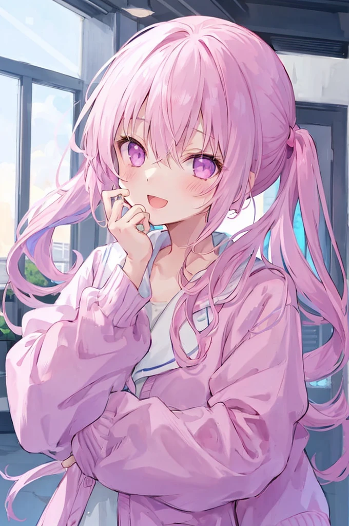 1 Girl, :D, ^ ^, (((Pink high ponytail)))、Light purple eyes and bangs, blush, Shut your mouth., Eyebrows visible through hair, Face-to-face audience, Hair between the eyes, Put your hands on your face, Please raise your hand, heart, Pastel colored hair, Long Hair, School Blazer, Long sleeve, Sleeves longer than your fingers, The sleeves reach to the wrist, alone