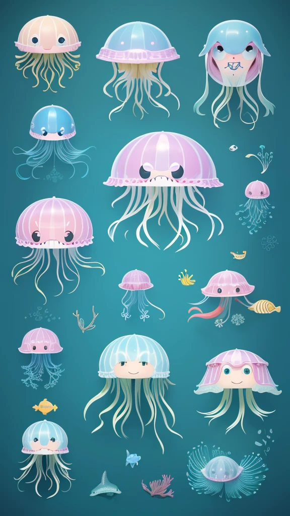Create an original "yuru-chara" mascot character inspired by sea creatures. The character should be a small, round jellyfish with translucent, pastel-colored tentacles. It has big, expressive eyes and a cute, puckered mouth. The jellyfish wears a tiny sailor hat, giving it a playful and adventurous look. The character's overall appearance is cute and friendly, making it perfect for an aquarium or marine-themed park mascot. The background should be a simple, underwater scene.