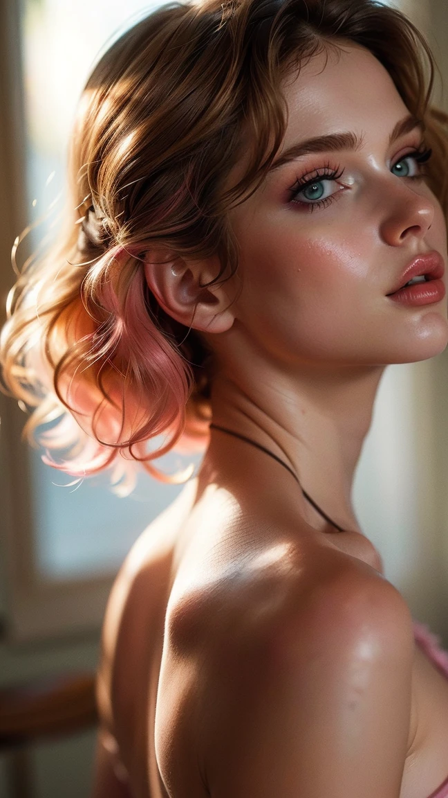 (((ultra realistic))) Photo, masterpiece, top quality, (pale skin), (Ultra detailed face and eyes:1.3), 1 girl, Adult, In Lifchik, ((Eye makeup, pink mascara)), ((large detailed lips)), ((pink wavy hair)), ((Chyolka)) , (Natural breasts), Slim waist. ((Posing)), photoshoot, studio (contour lighting), (The play of light and shadows), depth of field, bokeh, (special attention to skin detail: 1.2), Detailed leather texture, skin pores. (Light atmosphere of the frame. Color range - delicate, Bright, Yellow tones), UDR, ((Film grain)), ((rays)), (Glare), ((Photo from the back)) , ultra detialed,