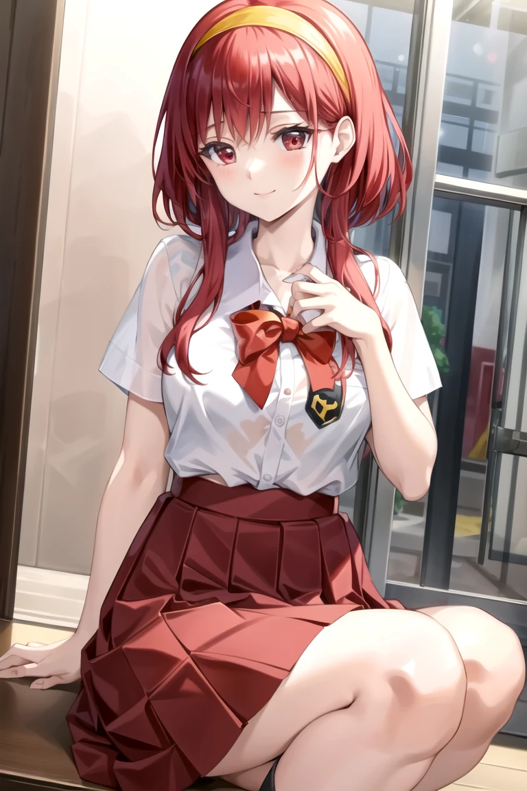 masterpiece, Highest quality, Very detailed ,Shiori Fujisaki、Red Hair、Yellow headband、 Black Skirt, View your audience, Prostitute&#39;s Smile, Pleated skirt, Collared shirt, Long sleeve, classroom、Spread your legs、Panty shot、See-through panties