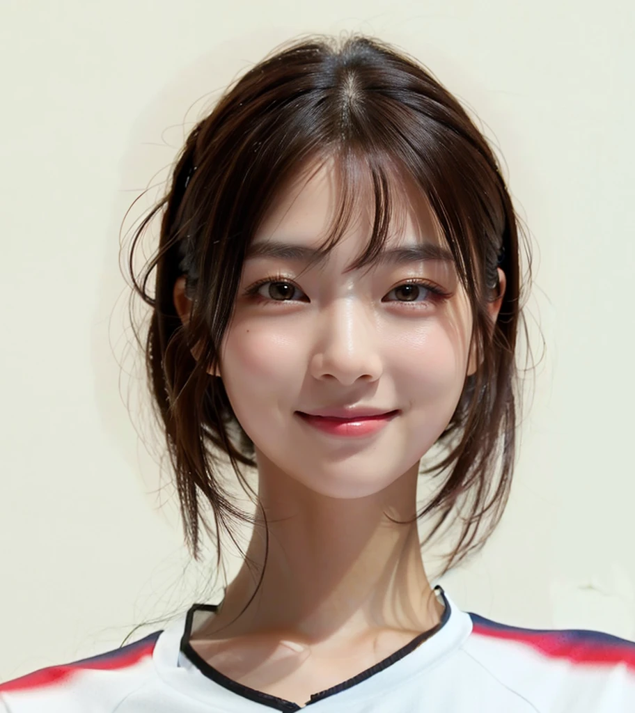 (In reality, high resolution:1.3, masterpiece, 8K, best quality, studio shoot, photo realistic:1.4, photography), korean girl looking at camera, long hair, smile,((Dark Brown Hair)), Detailed skin, Detailed Lips, Detailed eyes, normal hand, simple background