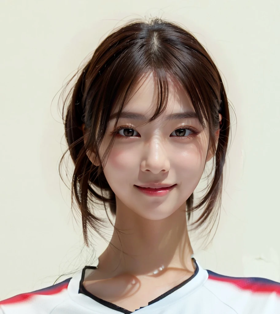 (In reality, high resolution:1.3, masterpiece, 8K, best quality, studio shoot, photo realistic:1.4, photography), korean girl looking at camera, long hair, smile,((Dark Brown Hair)), Detailed skin, Detailed Lips, Detailed eyes, normal hand, simple background