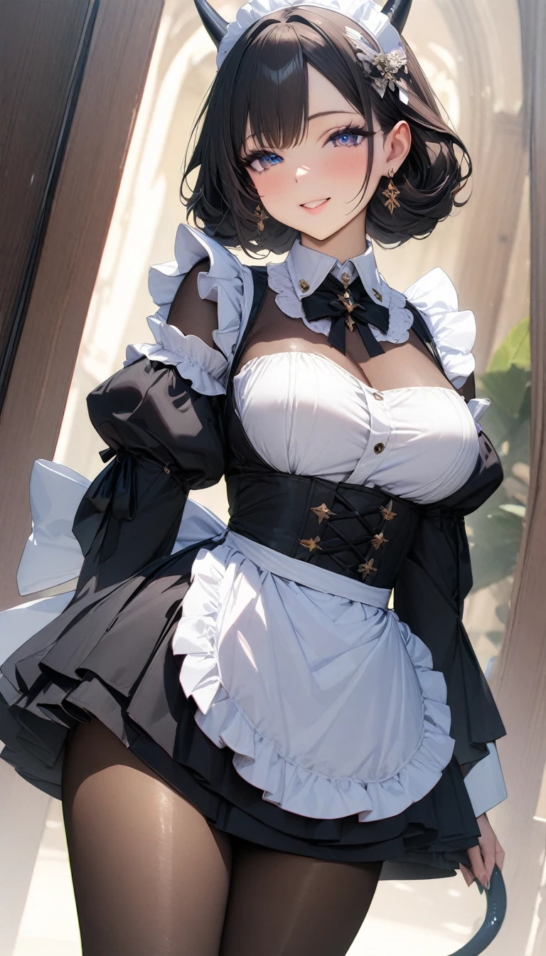 ((最high quality, 8K, masterpiece)), High resolution、(high quality: 1.5)、Very detailed、Detailed face、Bright colors、Natural light、Fine grain、Colorful eyes、Beautiful Face、非常にDetailed faceのテクスチャの女性,masterpiece, 最high quality, Detailed and beautiful eyes,最high quality、Best image quality、masterpiece、.々Hairstyle,girl,Just beautiful,ドラゴンMaid,horn,tail,smile,masterpiece、最high quality,mature female,so beautiful、High resolution,(Rich:1.3),(noble:1.3),1 person,(Maid:1.3),clear,make,(nobleの館:1.3),(smile)、smile,(masterpiece:1.2)、(最high quality:1.2)、Latest Glossy Skin