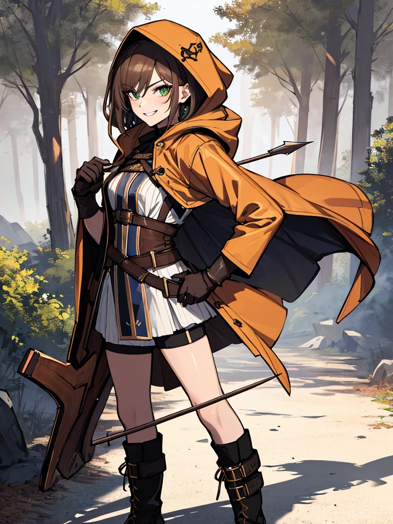 (absurdres, 8k, 4k, masterpiece, hyper extreme detailed:1.2), solo, 1girl, side view, perfect face, 1girl, portrait, looking at viewer, solo, standing, Female, toned body, mature female, small breasts, pale, brown hair, messy hair, enthusiastic, fun, tomboy, green eyes, swept bangs, archer, smirk, medium body, tomboy, crazy face, crazy smile, crazy eyes, wind, windy hair, moving hair, wearing a hood, archer outfit, reckless, medium hair, adventurous, ranger clothing, confident, pirate coat, eyepatch, fearless, expressive, rock, background, rugged, dirty, left hand holding bow, right hand on hip, medieval, crossbow, arm bow, hidden blade, knife, cloak, quiver, arrows, long boots, gloves, fantasy, magic, forest, brown eyes, dot pupils, brown tunic, messy hair, wild hair, aiming, blade in sleeve, shadows, perfect anatomy, half body, cowboy shot,