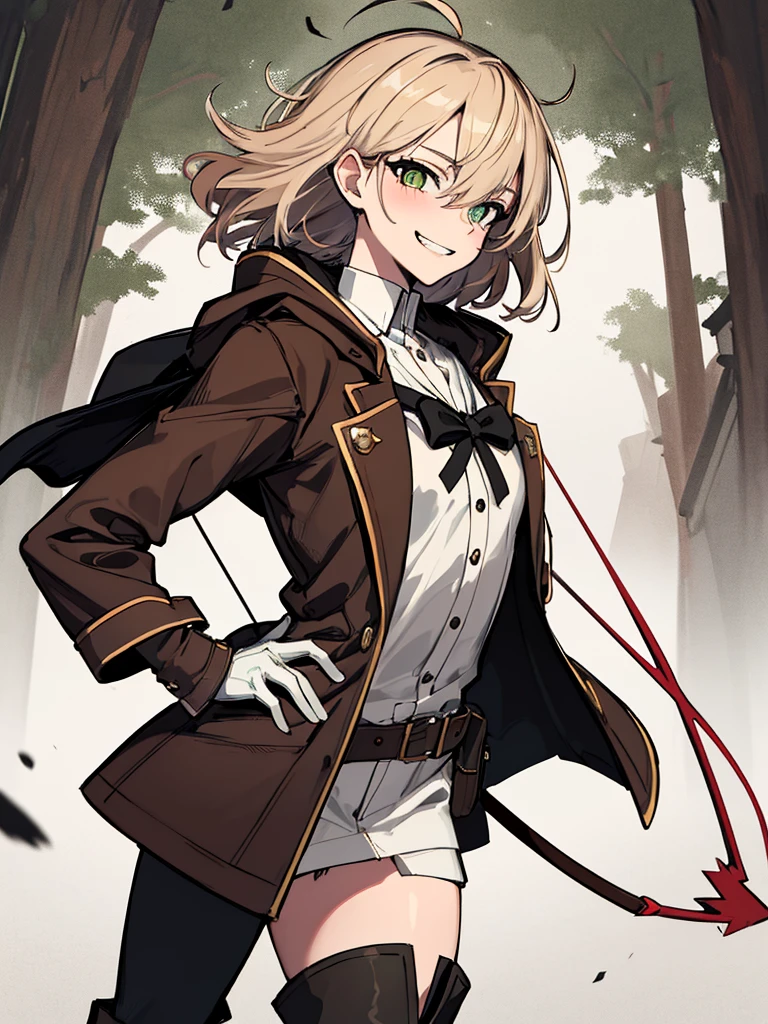 (absurdres, 8k, 4k, masterpiece, hyper extreme detailed:1.2), solo, 1girl, side view, perfect face, 1girl, portrait, looking at viewer, solo, standing, Female, toned body, mature female, small breasts, pale, brown hair, messy hair, enthusiastic, fun, tomboy, green eyes, swept bangs, archer, smirk, medium body, tomboy, crazy face, crazy smile, crazy eyes, wind, windy hair, moving hair, wearing a hood, archer outfit, reckless, medium hair, adventurous, ranger clothing, confident, pirate coat, eyepatch, fearless, expressive, rock, background, rugged, dirty, left hand holding bow, right hand on hip, medieval, crossbow, arm bow, hidden blade, knife, cloak, quiver, arrows, long boots, gloves, fantasy, magic, forest, brown eyes, dot pupils, brown tunic, messy hair, wild hair, aiming, blade in sleeve, shadows, perfect , half body, cowboy shot, 