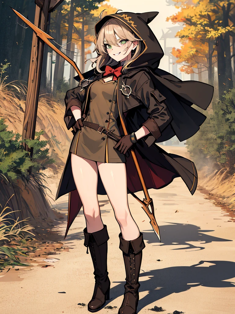 (absurdres, 8k, 4k, masterpiece, hyper extreme detailed:1.2), solo, 1girl, side view, perfect face, 1girl, portrait, looking at viewer, solo, standing, Female, toned body, mature female, small breasts, pale, brown hair, messy hair, enthusiastic, fun, tomboy, green eyes, swept bangs, archer, smirk, medium body, tomboy, crazy face, crazy smile, crazy eyes, wind, windy hair, moving hair, wearing a hood, archer outfit, reckless, medium hair, adventurous, ranger clothing, confident, pirate coat, eyepatch, fearless, expressive, rock, background, rugged, dirty, left hand holding bow, right hand on hip, medieval, crossbow, arm bow, hidden blade, knife, cloak, quiver, arrows, long boots, gloves, fantasy, magic, forest, brown eyes, dot pupils, brown tunic, messy hair, wild hair, aiming, blade in sleeve, shadows, perfect anatomy, half body, cowboy shot,