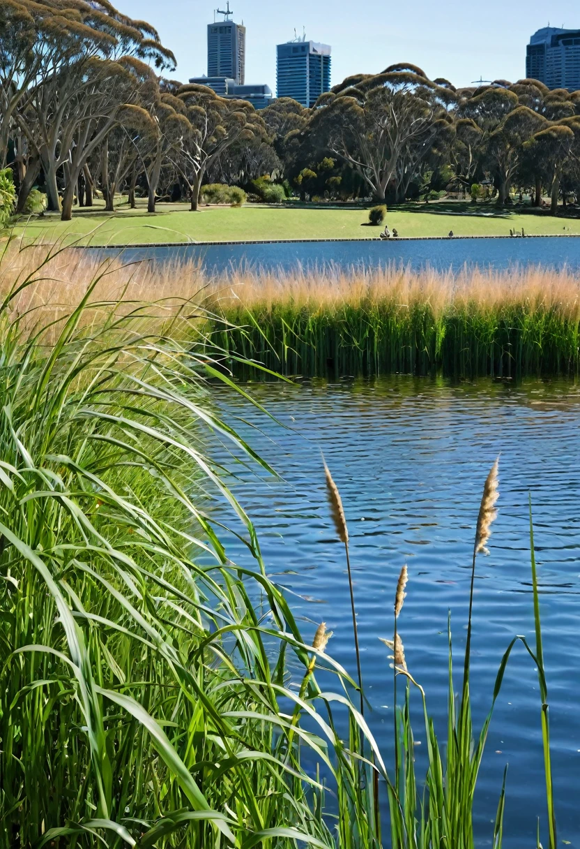 bench on the grass by the water, Sydney Park, Nature growing around the city, Botanic Gardens, Nature returning to the city, Grass field surrounding the city, parks and lakes, small reed behind the lake, near the pond, long grass in the foreground, tall reed on the river bank, Elizabeth Durack, grass and water