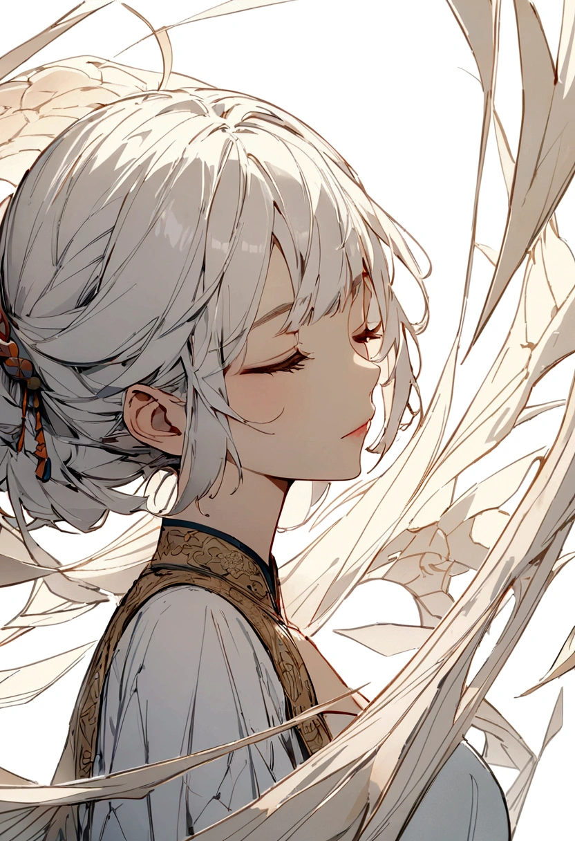 (White background:1.4),(Silhouette of a girl's head, Eyes closed, Long white hair，There are clay around her, Oriental elements)，(Chinese illustration:1.3，paper art:1.3, Quilted paper art:1.2),( reasonable design, Clear lines, High sharpness,Best quality, Very detailed, Masterpiece, movie light effect, 4K )
