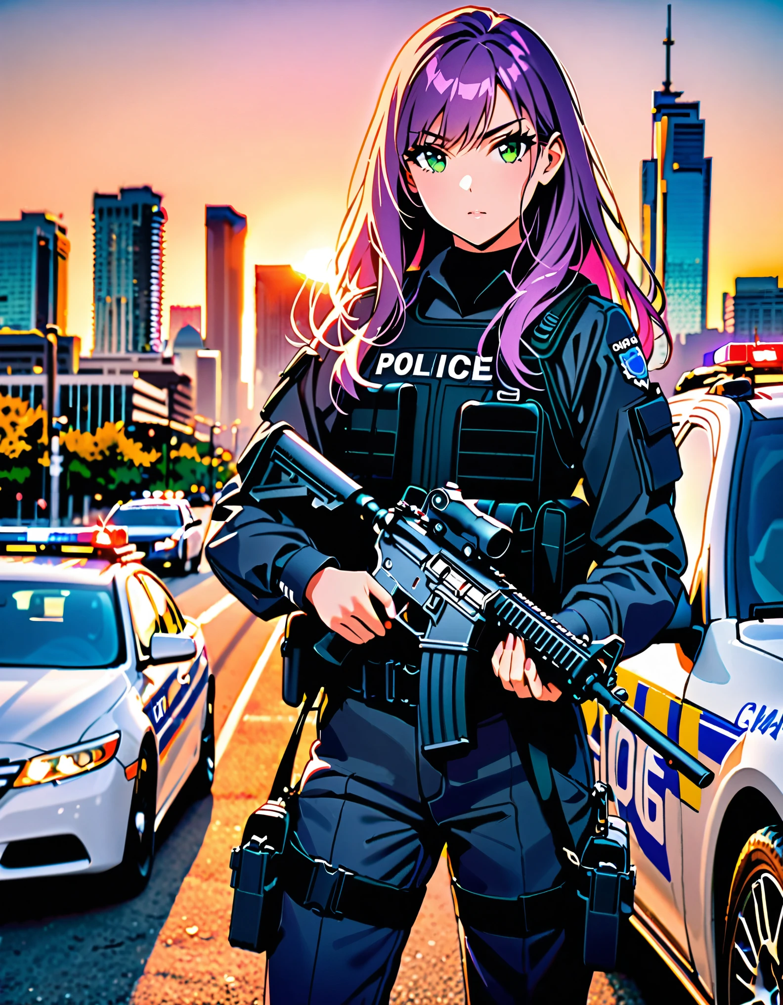 ((masterpiece, best quality)), 1girl, solo focus, canadian police officer, SWAT uniform, SWAT gear, pants, purple hair with blue accents, long hair, green eyes, perfect hands, complete fingers, holding weapon, m4 carbine, in front of a patrol car, toronto city backdrop, cowboy shot, sunset, pixel-perfect, detail-perfect, curious look on her face, ultra highres, absurdres, beautiful face, detailed eyes, symmetric eyes, perfect body, good proportions