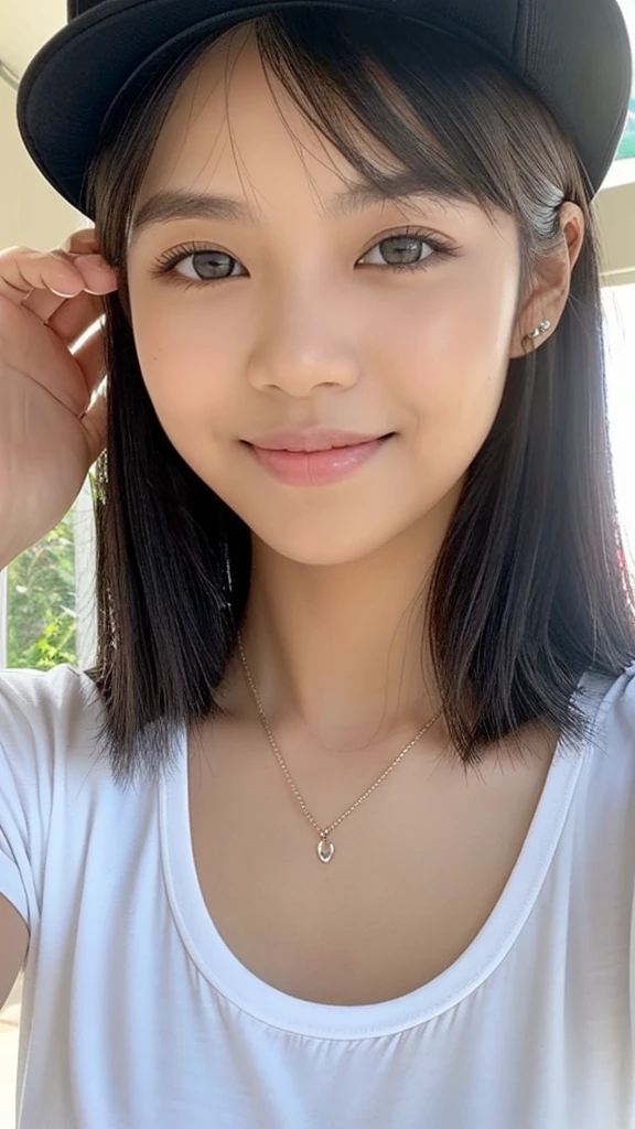 (Please generate an image of a young Filipina woman wearing a plain white t shirt a necklace and a white trucker cap. She has black hair, big black eyes, and a subtle, natural makeup look. The selfie should show her without visible makeup, and she should be looking directly into the camera. The face should appear realistically natural. The full-body shot of this attractive woman should feature a striking pose, and she has piercing black eyes. The girl has a sweet demeanor, and the pose should also be sweet. Please ensure that the entire body of the woman is visible in the image. The background should be black. The details of the image should be of high quality(best quality)), ((masterpiece)), (detailed), perfect face, Filipina, pinay