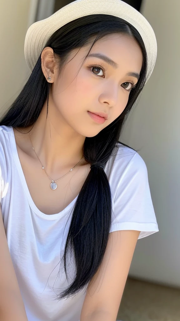 (Please generate an image of a young Filipina woman wearing a plain white t shirt a necklace and a white trucker cap. She has black hair, big black eyes, and a subtle, natural makeup look. The selfie should show her without visible makeup, and she should be looking directly into the camera. The face should appear realistically natural. The full-body shot of this attractive woman should feature a striking pose, and she has piercing black eyes. The girl has a sweet demeanor, and the pose should also be sweet. Please ensure that the entire body of the woman is visible in the image. The background should be black. The details of the image should be of high quality(best quality)), ((masterpiece)), (detailed), perfect face, Filipina, pinay