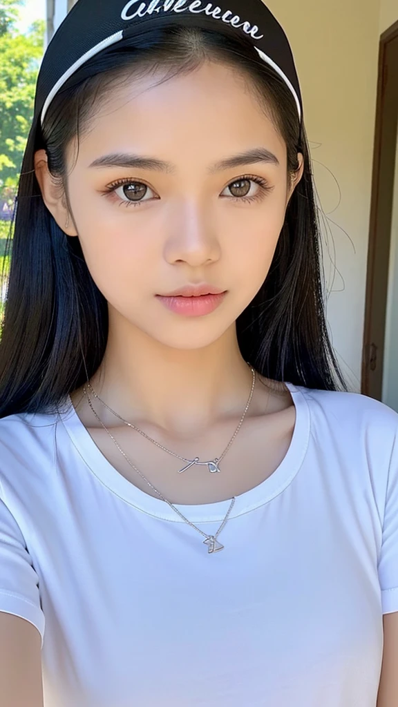 (Please generate an image of a young Filipina woman wearing a plain white t shirt a necklace and a white trucker cap. She has black hair, big black eyes, and a subtle, natural makeup look. The selfie should show her without visible makeup, and she should be looking directly into the camera. The face should appear realistically natural. The full-body shot of this attractive woman should feature a striking pose, and she has piercing black eyes. The girl has a sweet demeanor, and the pose should also be sweet. Please ensure that the entire body of the woman is visible in the image. The background should be black. The details of the image should be of high quality(best quality)), ((masterpiece)), (detailed), perfect face, Filipina, pinay