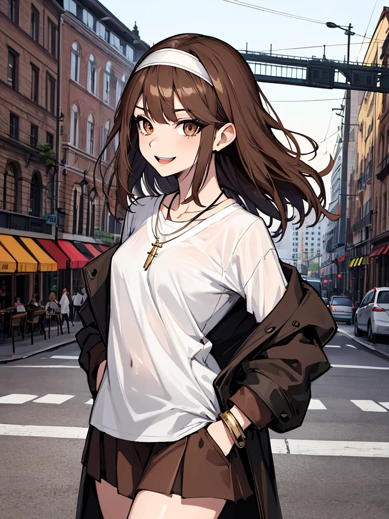 (absurdres, 8k, 4k, masterpiece, hyper extreme detailed:1.2), solo, 1girl, side view, perfect face, 1girl, portrait, looking at viewer, solo, standing, Female, toned body, mature female, small breasts, pale, brown hair, perfect eyes, perfect face, 1girl, genie, zodiac, shirt over 1 shoulder, Brown shirt, long sleeves, necklace, long Brown hair, city background, headband, Brown eyes, Brown skirt, medium bust, rings, bracelets, charismatic, crazy face, crazy eyes, crazy smile, perfect anatomy, half body, cowboy shot, hands in pockets,