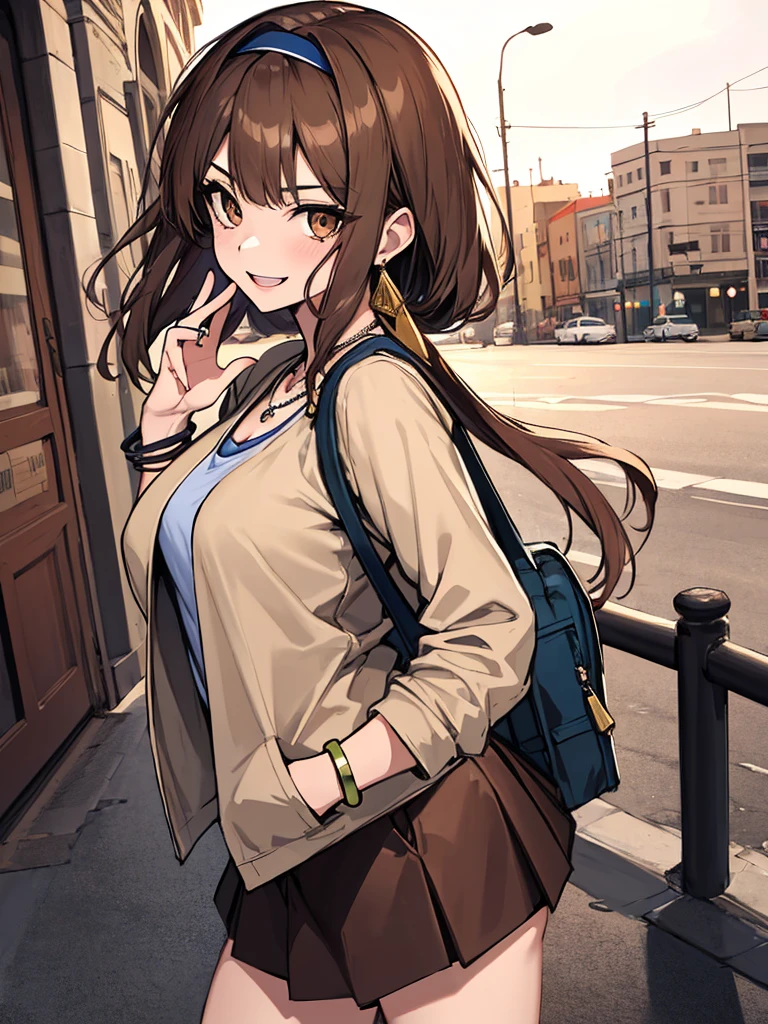 (absurdres, 8k, 4k, masterpiece, hyper extreme detailed:1.2), solo, 1girl, side view, perfect face, 1girl, portrait, looking at viewer, solo, standing, Female, toned body, mature female, small breasts, pale, brown hair, perfect eyes, perfect face, 1girl, genie, zodiac, shirt over 1 shoulder, Brown shirt, long sleeves, necklace, long Brown hair, city background, headband, Brown eyes, Brown skirt, medium bust, rings, bracelets, charismatic, crazy face, crazy eyes, crazy smile, perfect ???????, half body, cowboy shot, hands in pockets, 