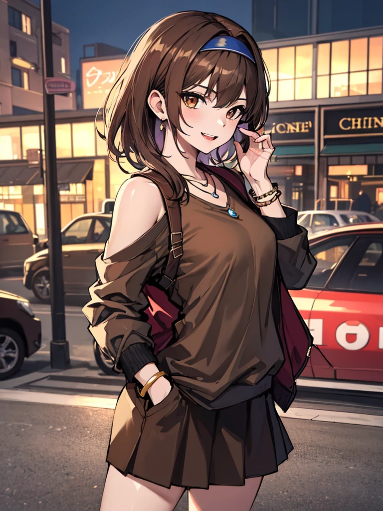 (absurdres, 8k, 4k, masterpiece, hyper extreme detailed:1.2), solo, 1girl, side view, perfect face, 1girl, portrait, looking at viewer, solo, standing, Female, toned body, mature female, small breasts, pale, brown hair, perfect eyes, perfect face, 1girl, genie, zodiac, shirt over 1 shoulder, Brown shirt, long sleeves, necklace, long Brown hair, city background, headband, Brown eyes, Brown skirt, medium bust, rings, bracelets, charismatic, crazy face, crazy eyes, crazy smile, perfect anatomy, half body, cowboy shot, hands in pockets,