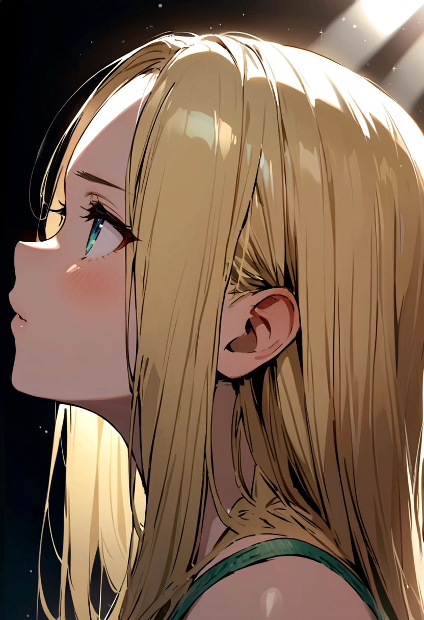 Sunlight is strong、From the side、shout、(((masterpiece, Super detailed、Green Bikini、Look Up、Blonde、Straight Hair、Forehead