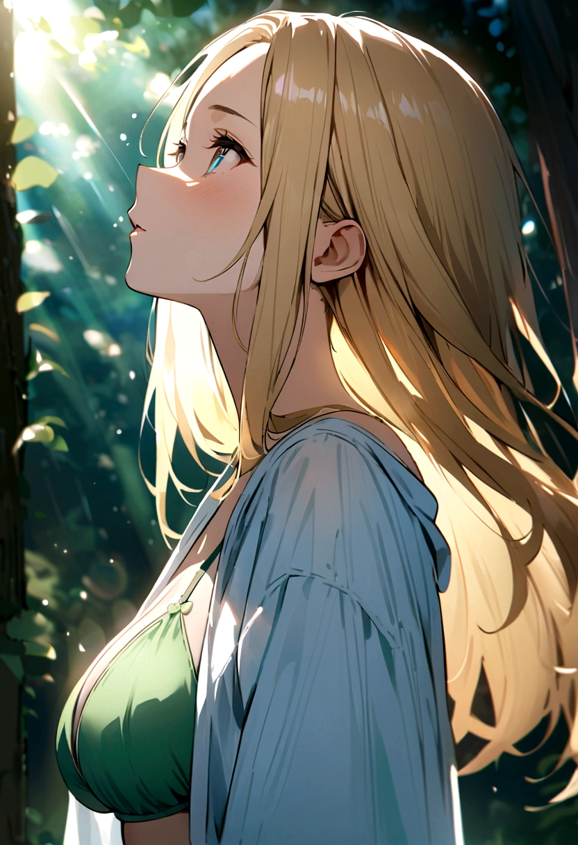 Sunlight is strong、From the side、shout、(((masterpiece, Super detailed、Green Bikini、Look Up、Blonde、Straight Hair、Forehead